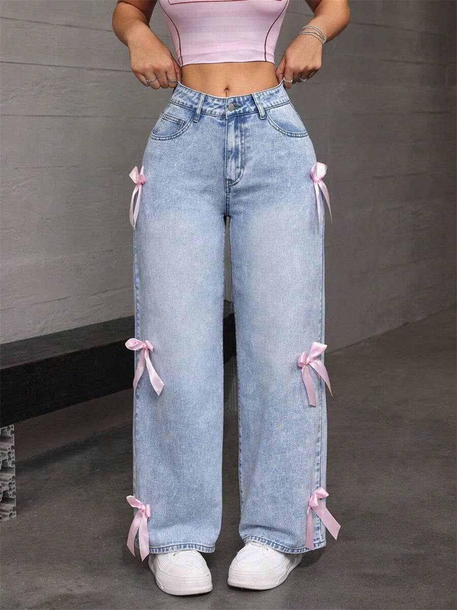 Bow Decoration Washed Street Straight Leg Jeans DP25A488