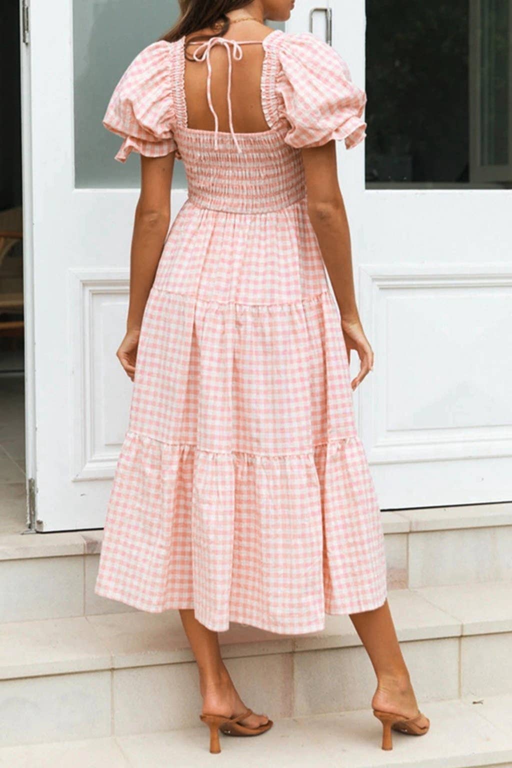 Textured Gingham Puff Sleeve Tiered Midi Dress