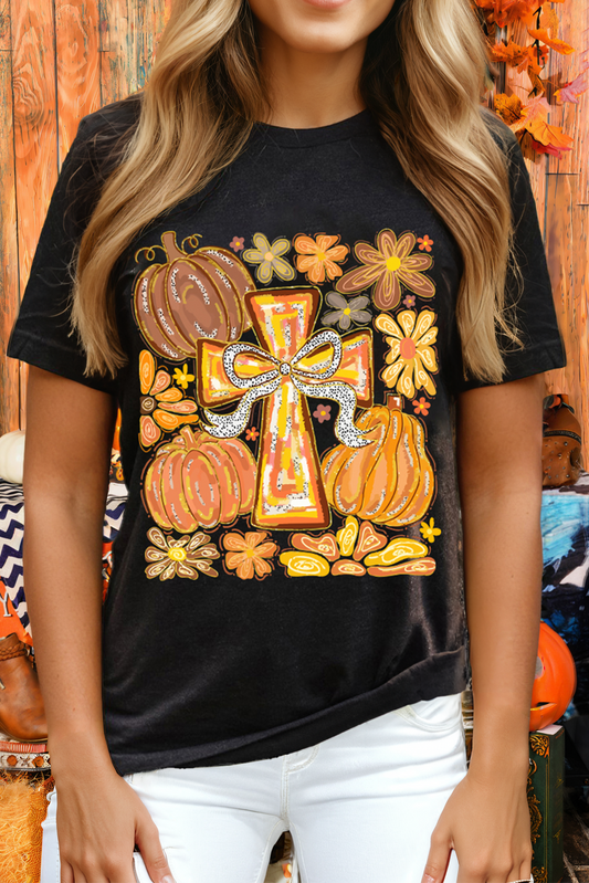 Thanksgiving Pray Cross Pumpkin Graphic Cotton Blend Tee