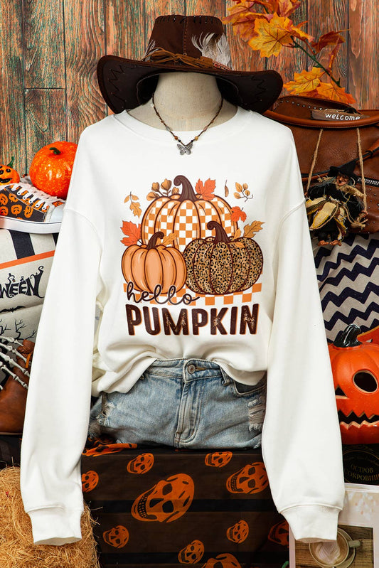 Fashion-W Hello Pumpkin Thanksgiving Graphic Sweatshirt