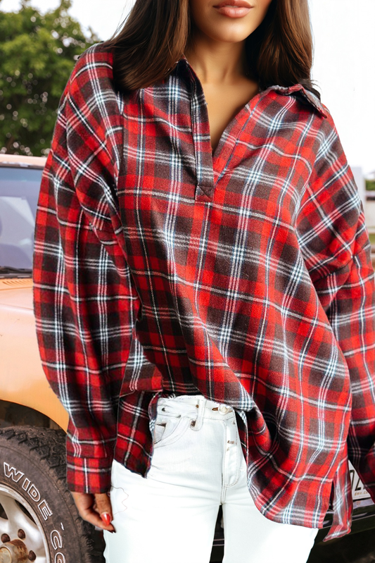 Fashion-W Plaid Print Collared Loose Blouse with Side Slits