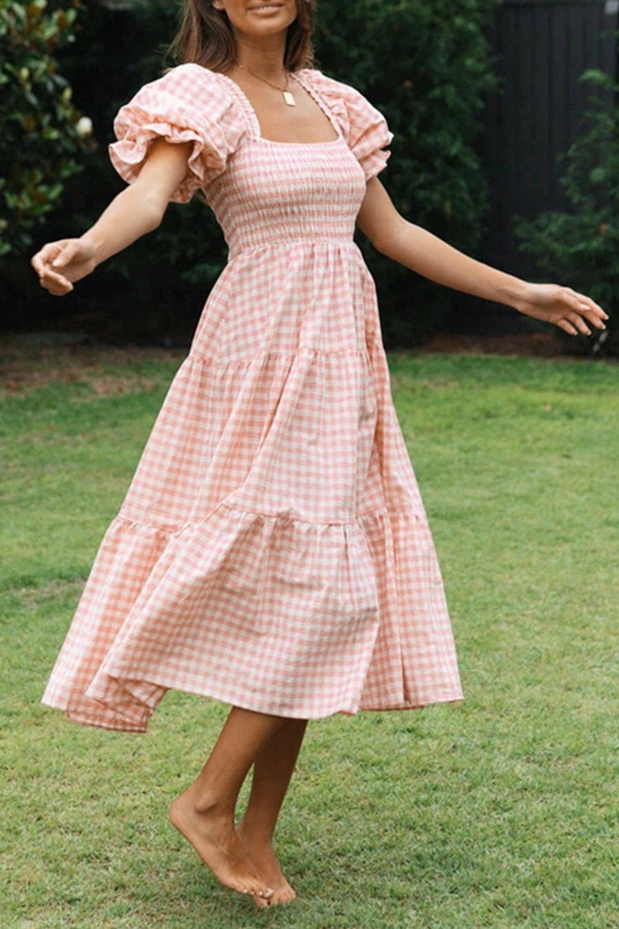 Textured Gingham Puff Sleeve Tiered Midi Dress