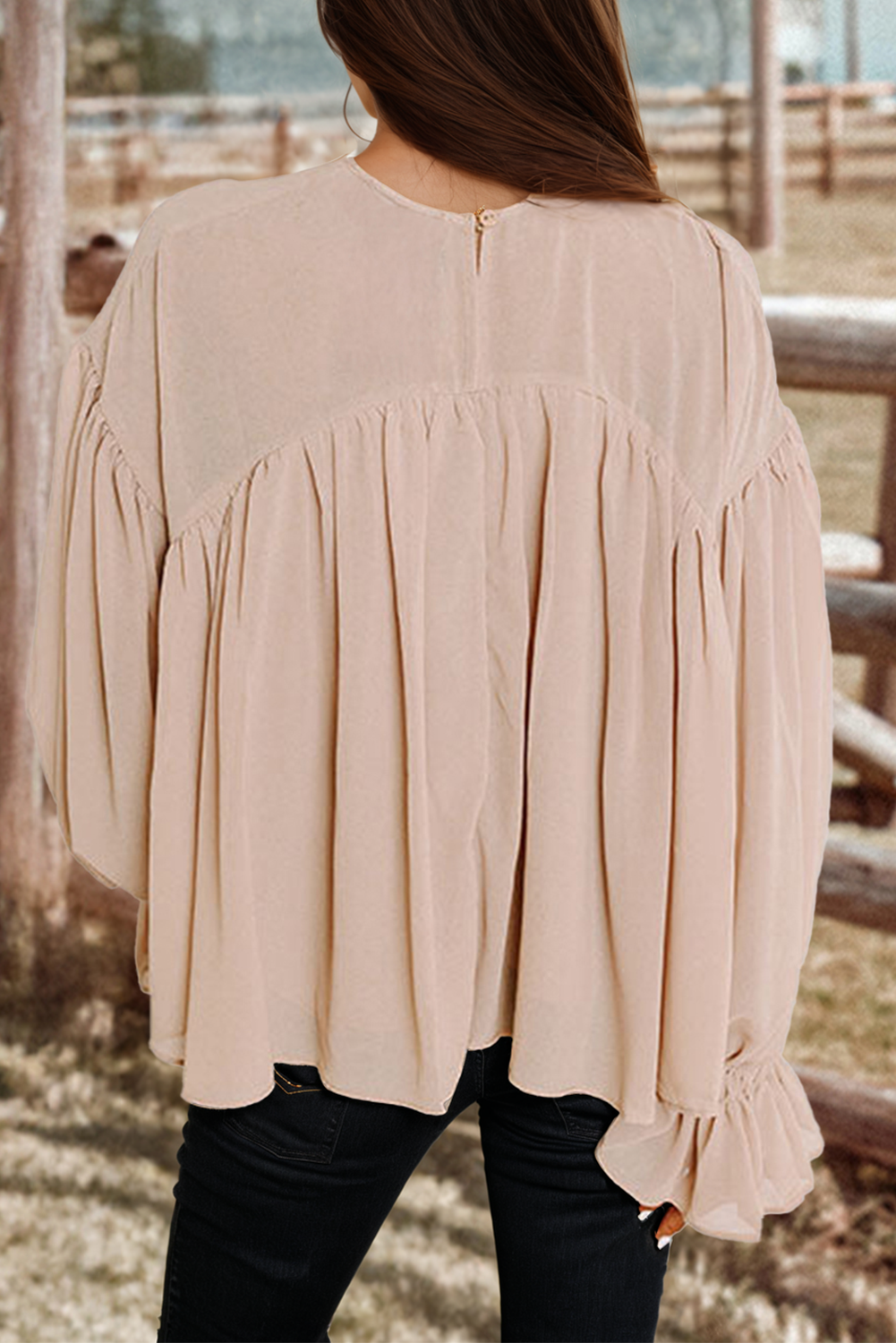 Fashion-W Pleated Ruffle Long Sleeve Chiffon Blouse