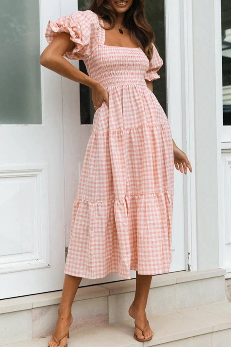 Textured Gingham Puff Sleeve Tiered Midi Dress