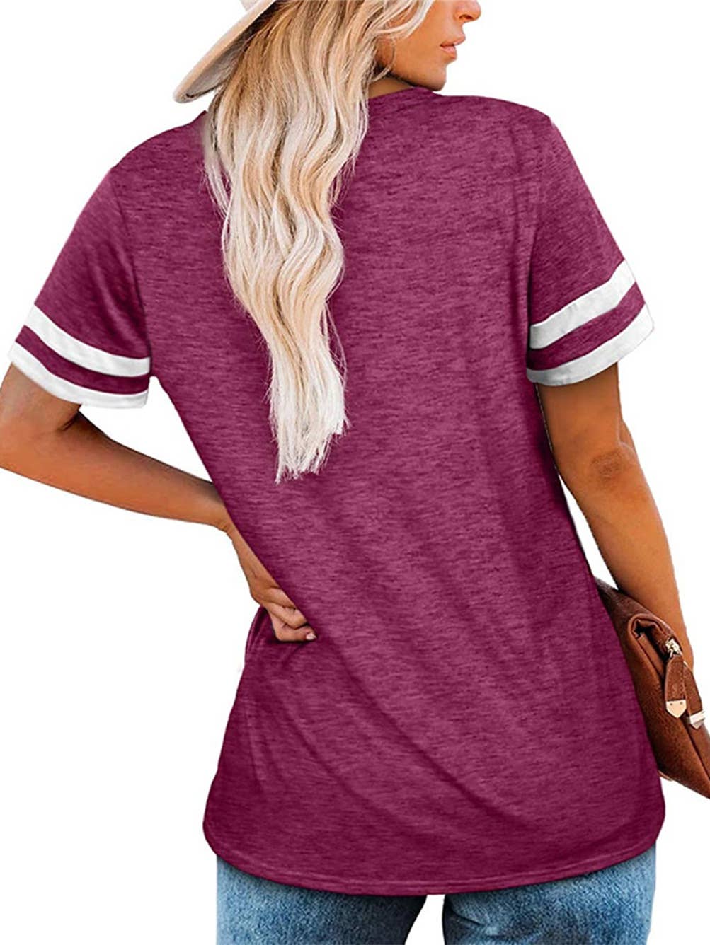 V-NECK SHORT SLEEVE COLOR MATCHING LOOSE TOP