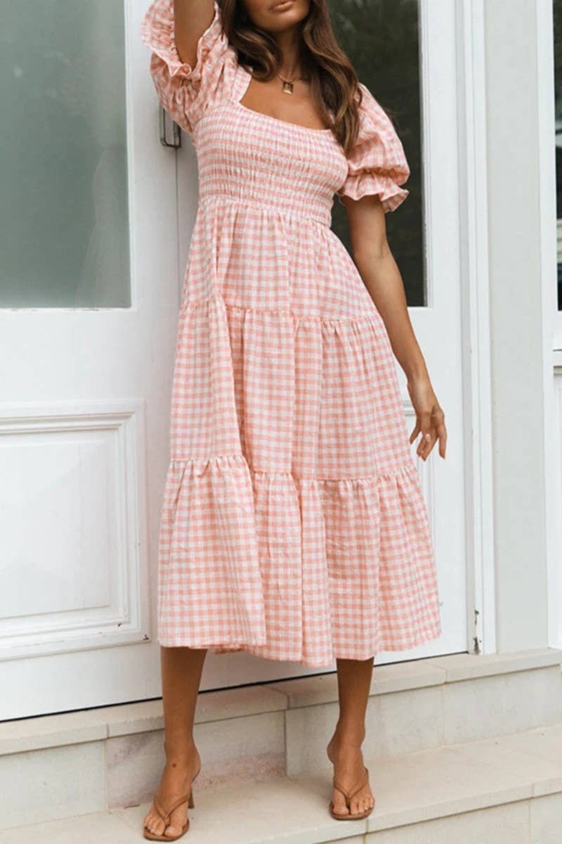 Textured Gingham Puff Sleeve Tiered Midi Dress
