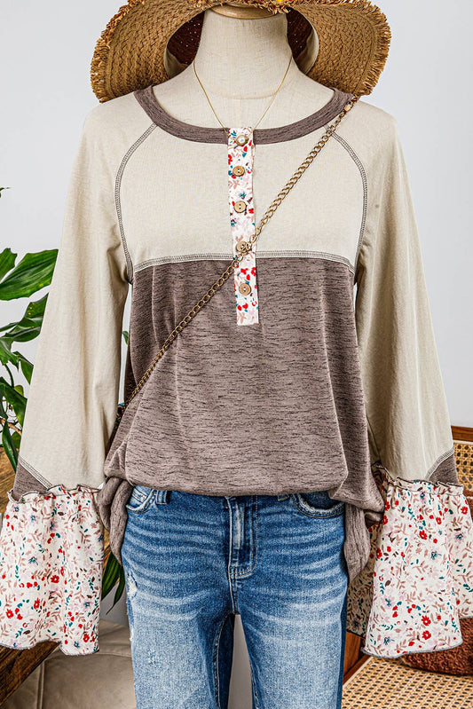 Western Floral Patchwork Flared Sleeve Buttons Henley Top