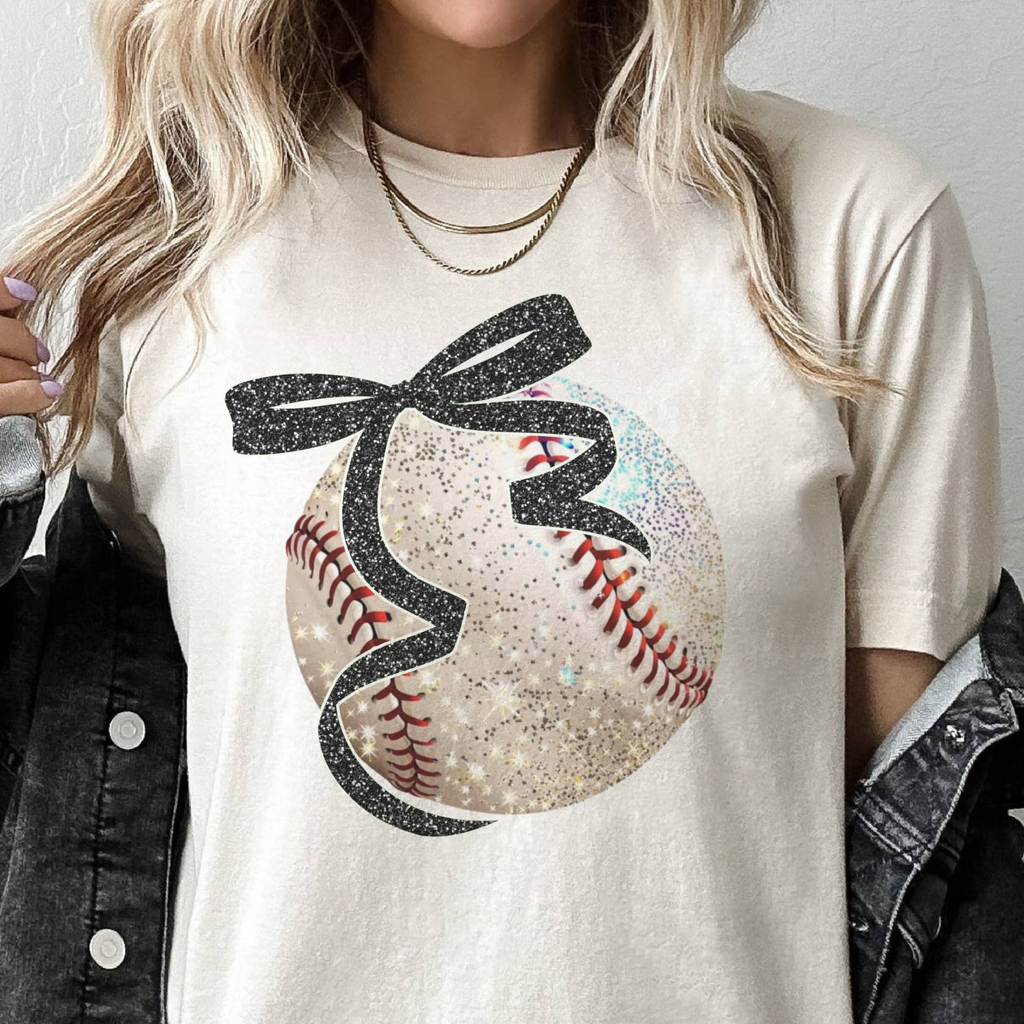 Baseball Graphic Tee Faux Glitter Black Bow Game Day