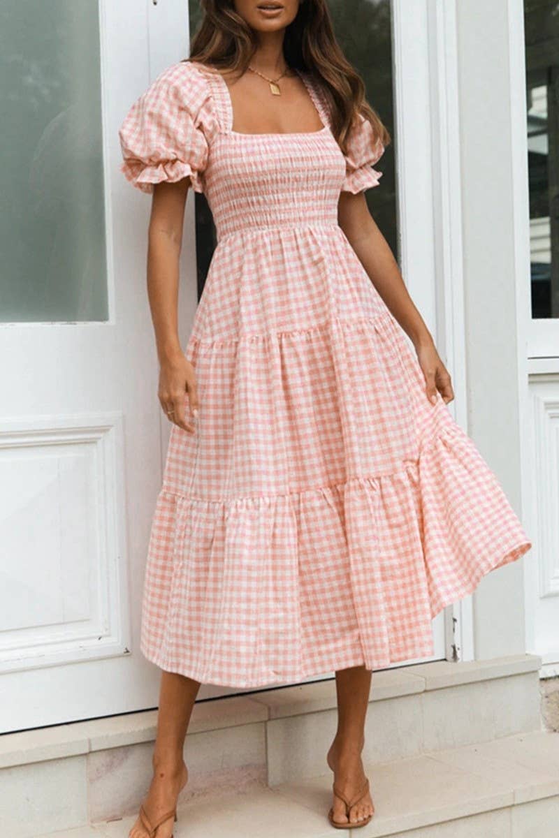 Textured Gingham Puff Sleeve Tiered Midi Dress