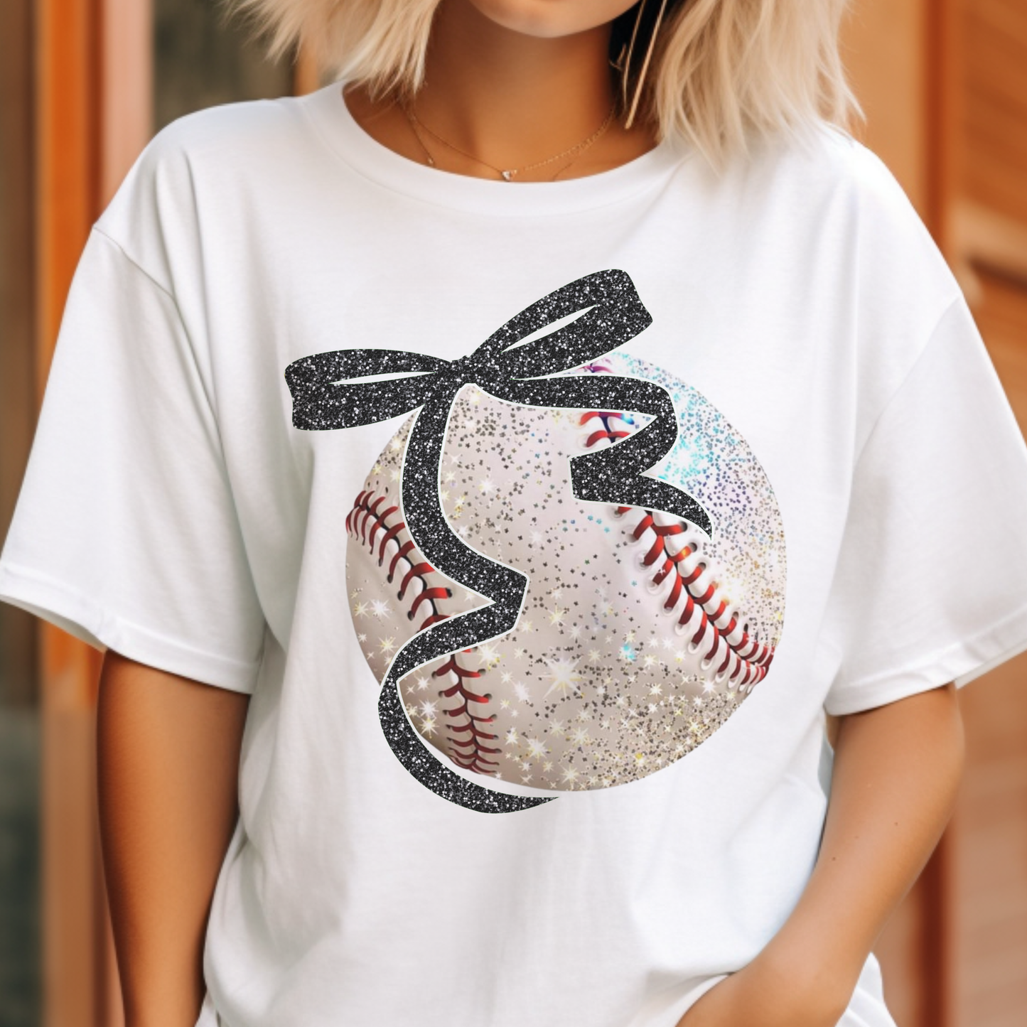 Baseball Graphic Tee Faux Glitter Black Bow Game Day