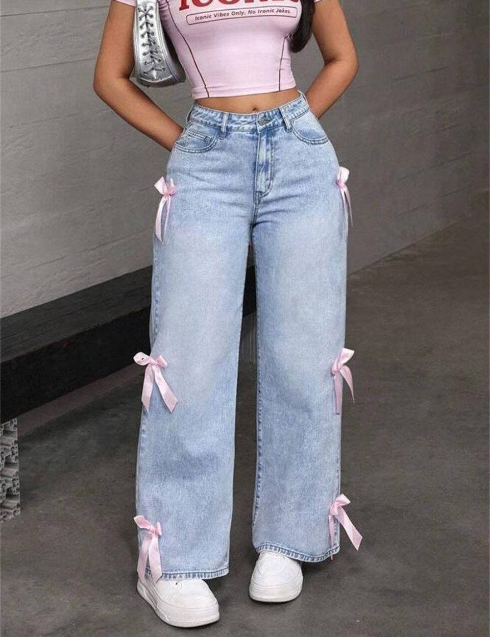 Bow Decoration Washed Street Straight Leg Jeans DP25A488