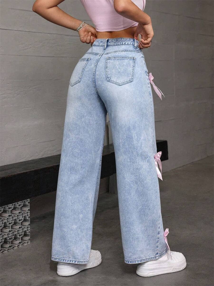 Bow Decoration Washed Street Straight Leg Jeans DP25A488