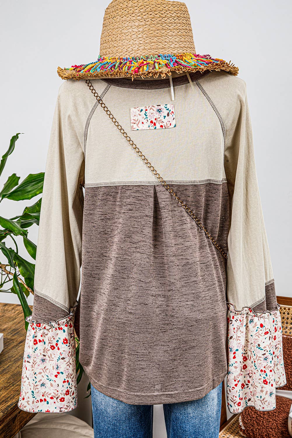 Western Floral Patchwork Flared Sleeve Buttons Henley Top