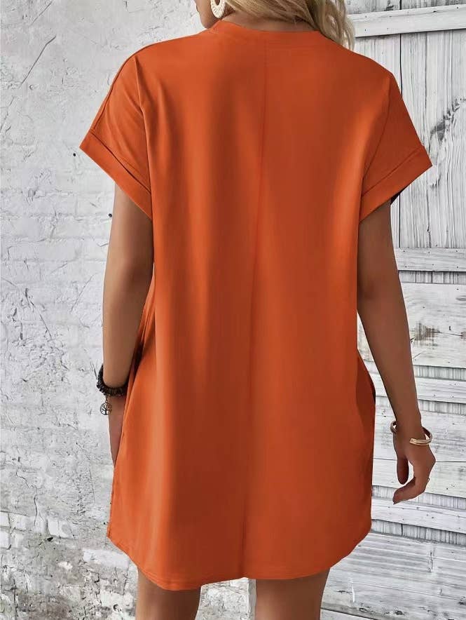 Round Neck Loose Short Sleeved Pocket Dress