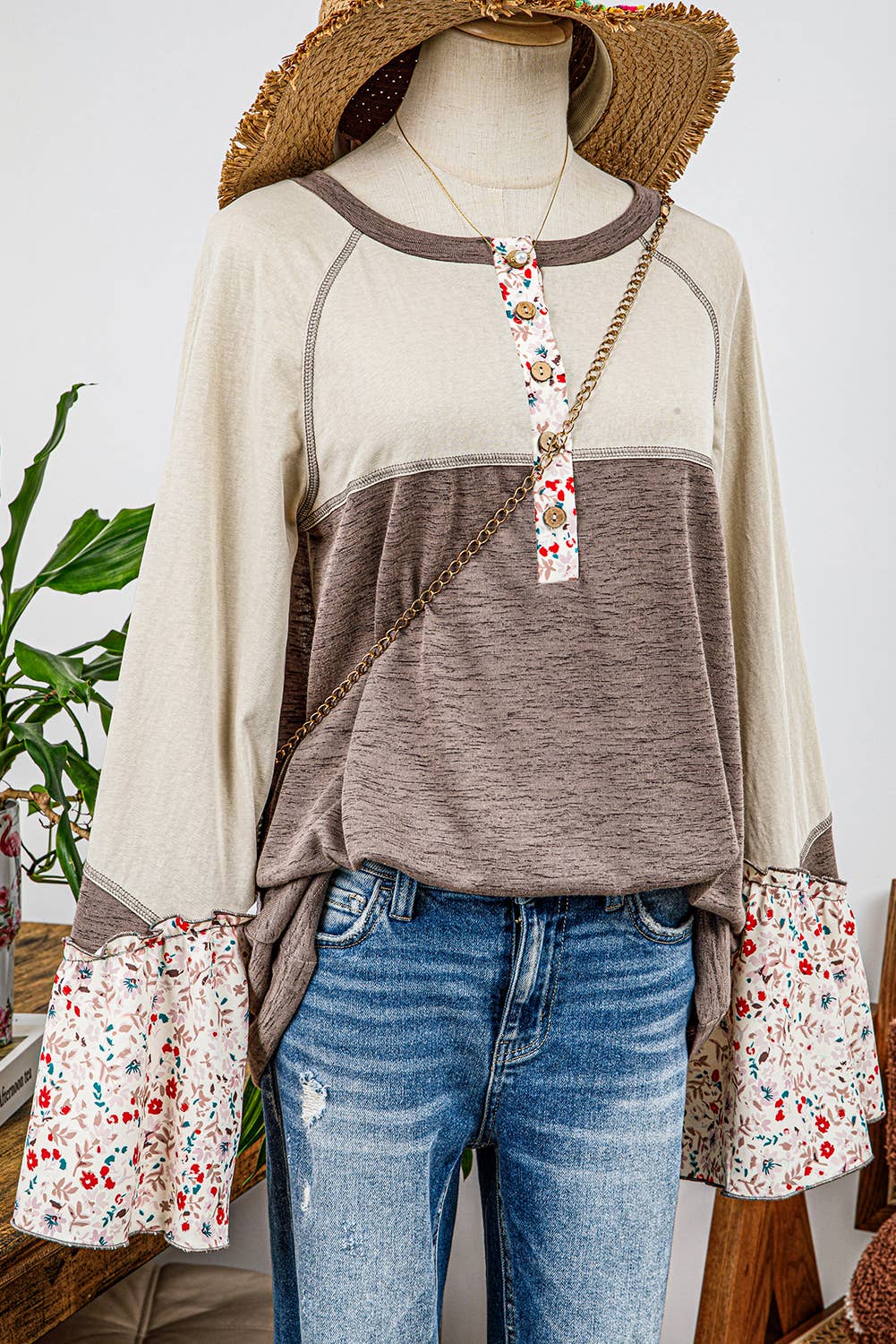 Western Floral Patchwork Flared Sleeve Buttons Henley Top