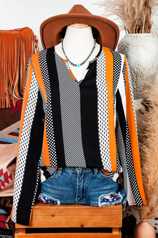 Fashion-W Geo Colorblock Notched V Neck Blouse