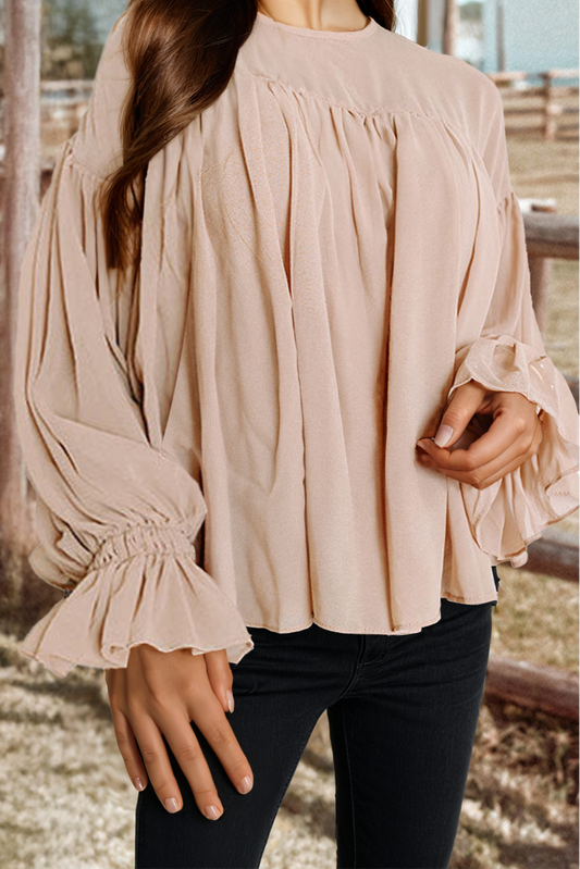 Fashion-W Pleated Ruffle Long Sleeve Chiffon Blouse