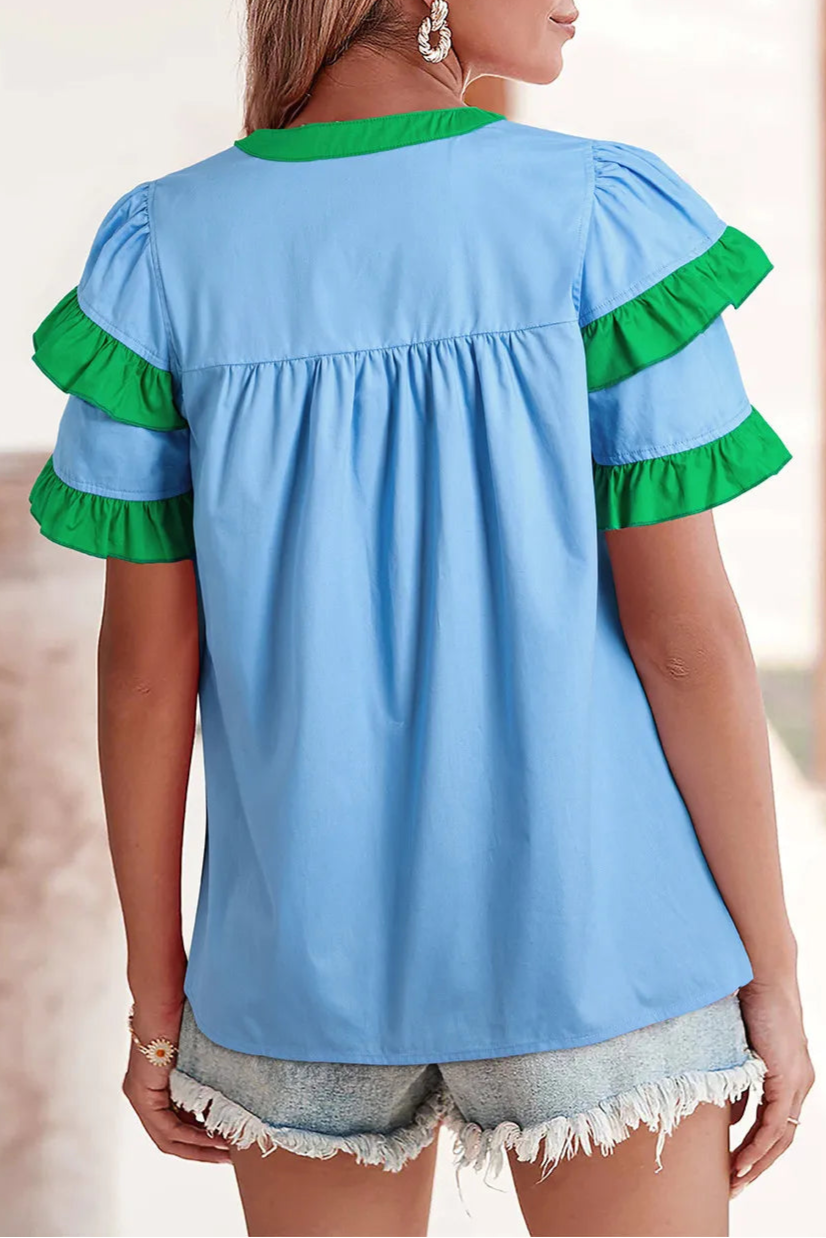 Colorblock Ruffle Sleeve Summer Blouse