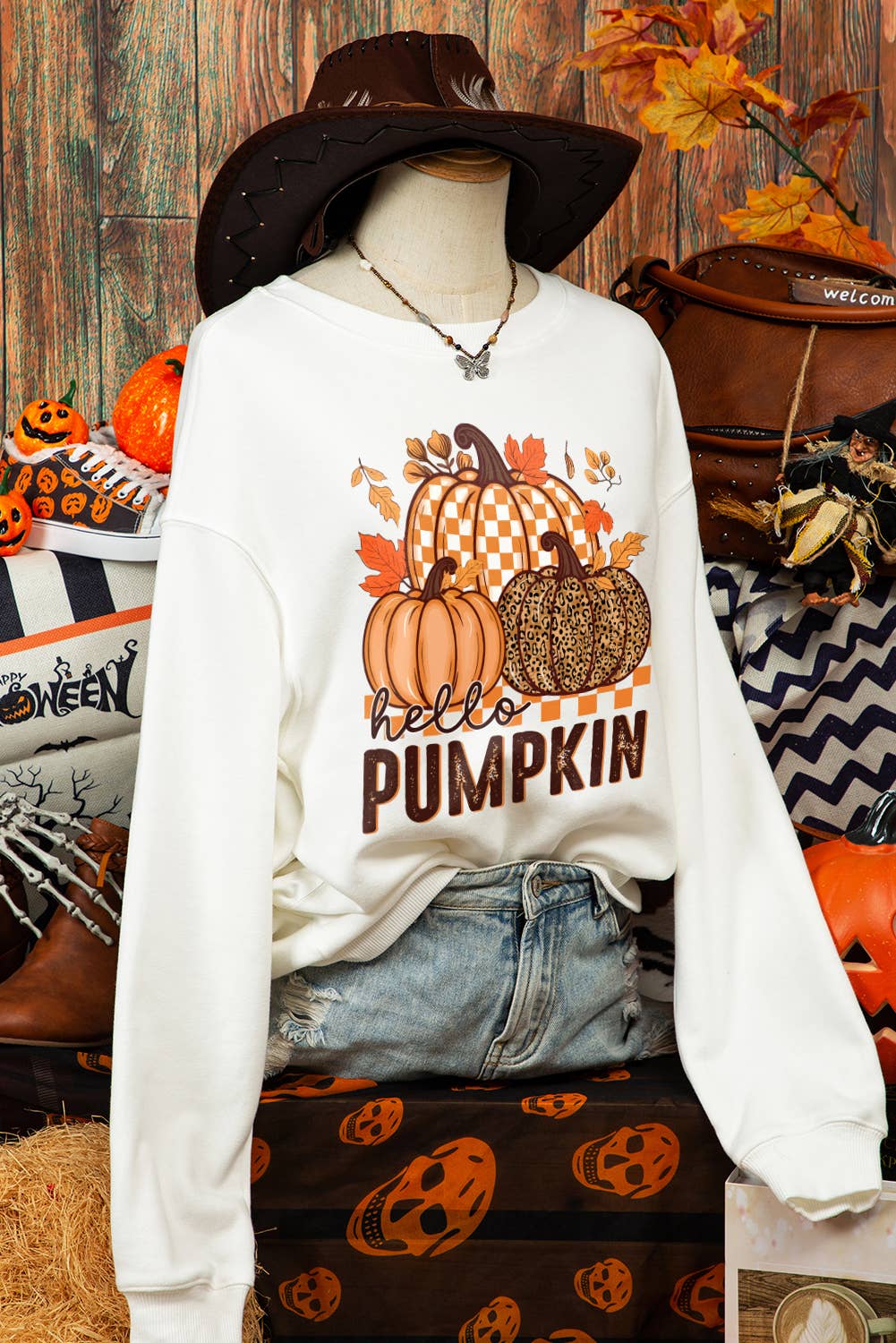 Fashion-W Hello Pumpkin Thanksgiving Graphic Sweatshirt