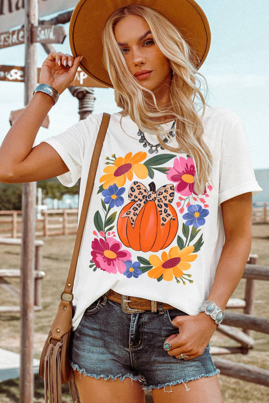Pumpkin Floral Graphic Thanksgiving Holiday T Shirt