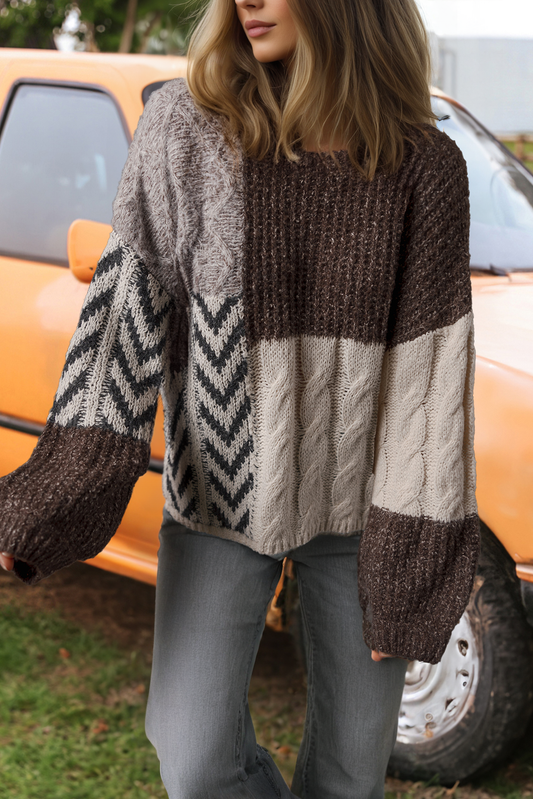 Fashion-W Color Block Patched Knotted Back Loose Fit Sweater