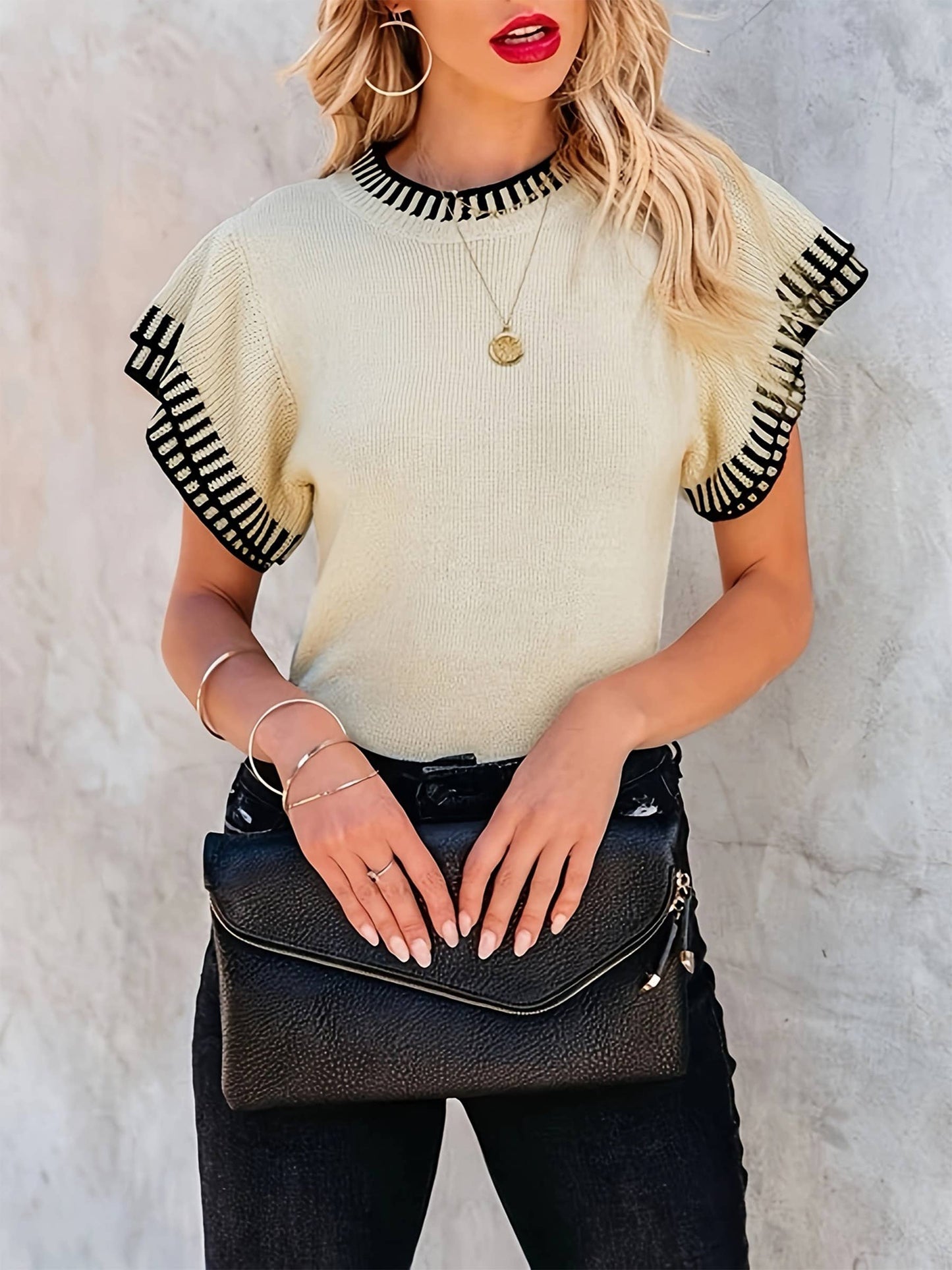 Round Neck Lotus Leaf Sleeve Top Knitted Top