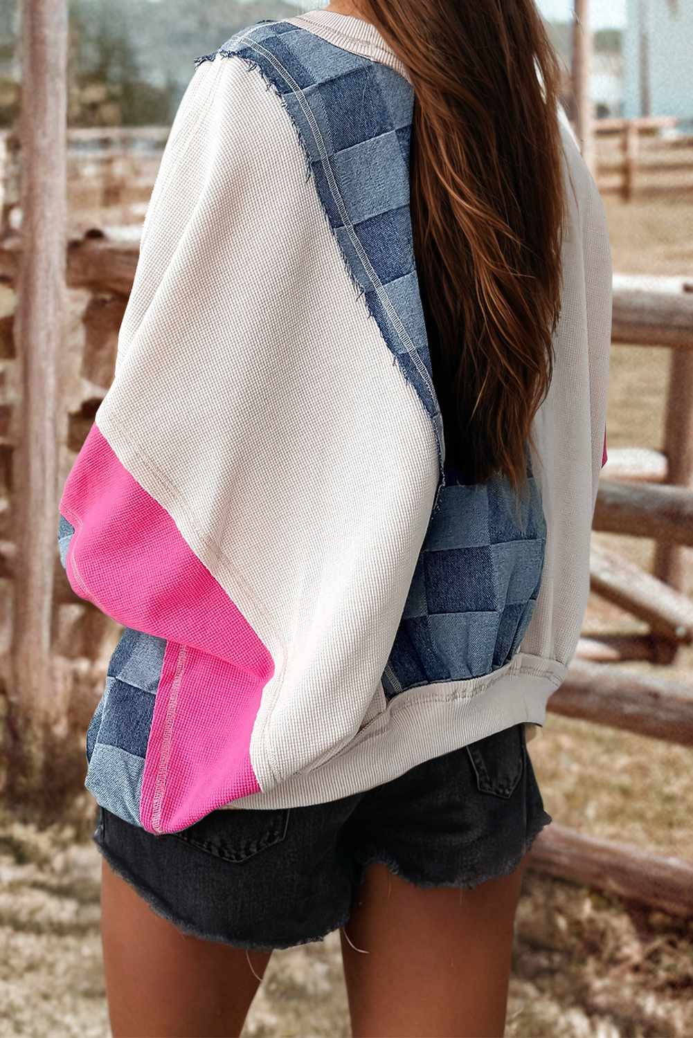 Fashion-W Checkered Denim Exposed Seam Patch Sweatshirt
