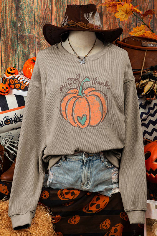 Fashion-W Give Thanks Pumpkin Graphic Corded Sweatshirt