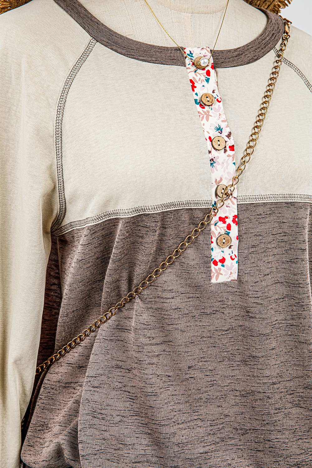 Western Floral Patchwork Flared Sleeve Buttons Henley Top