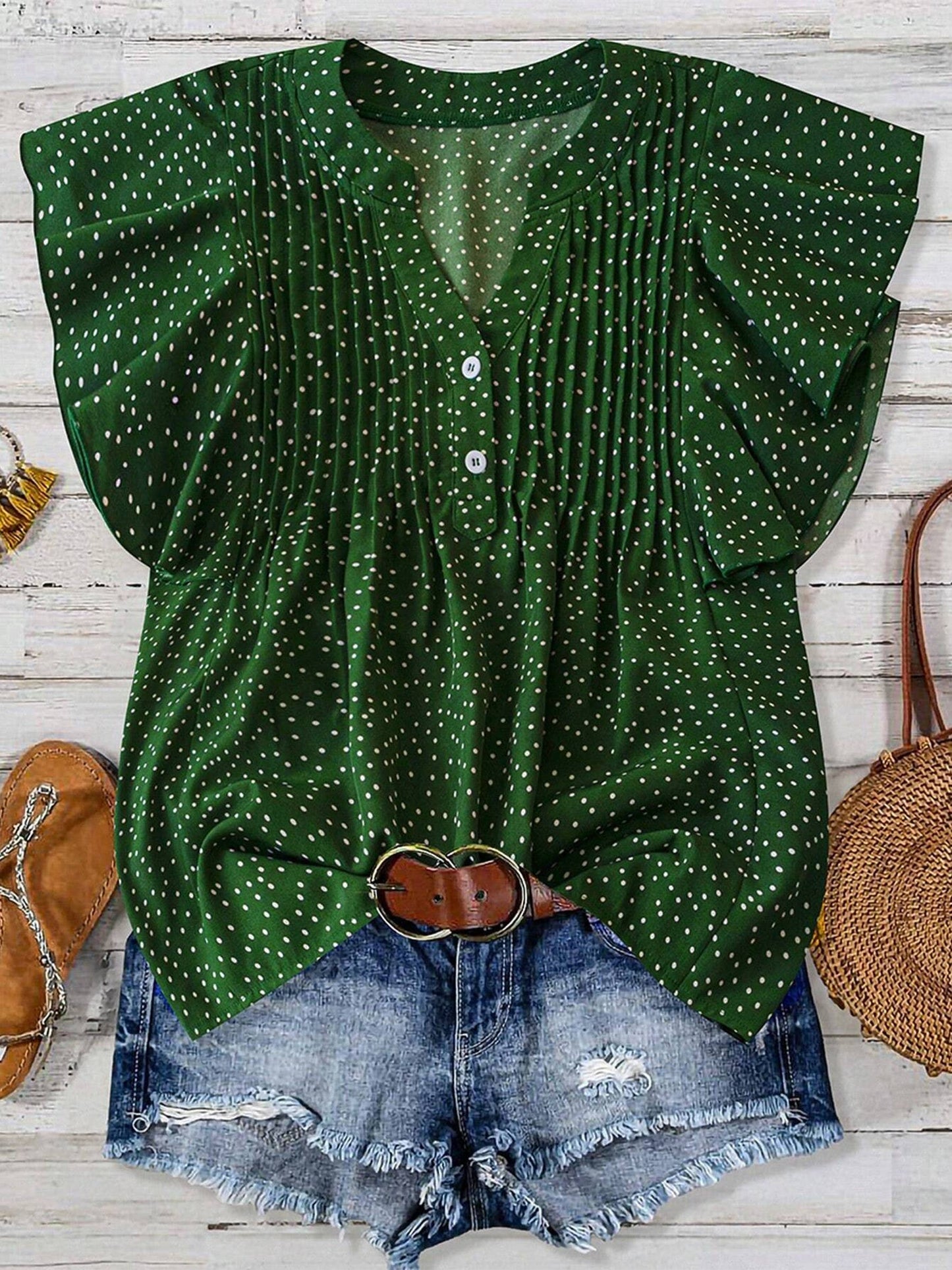 V-neck Button Pleated Top