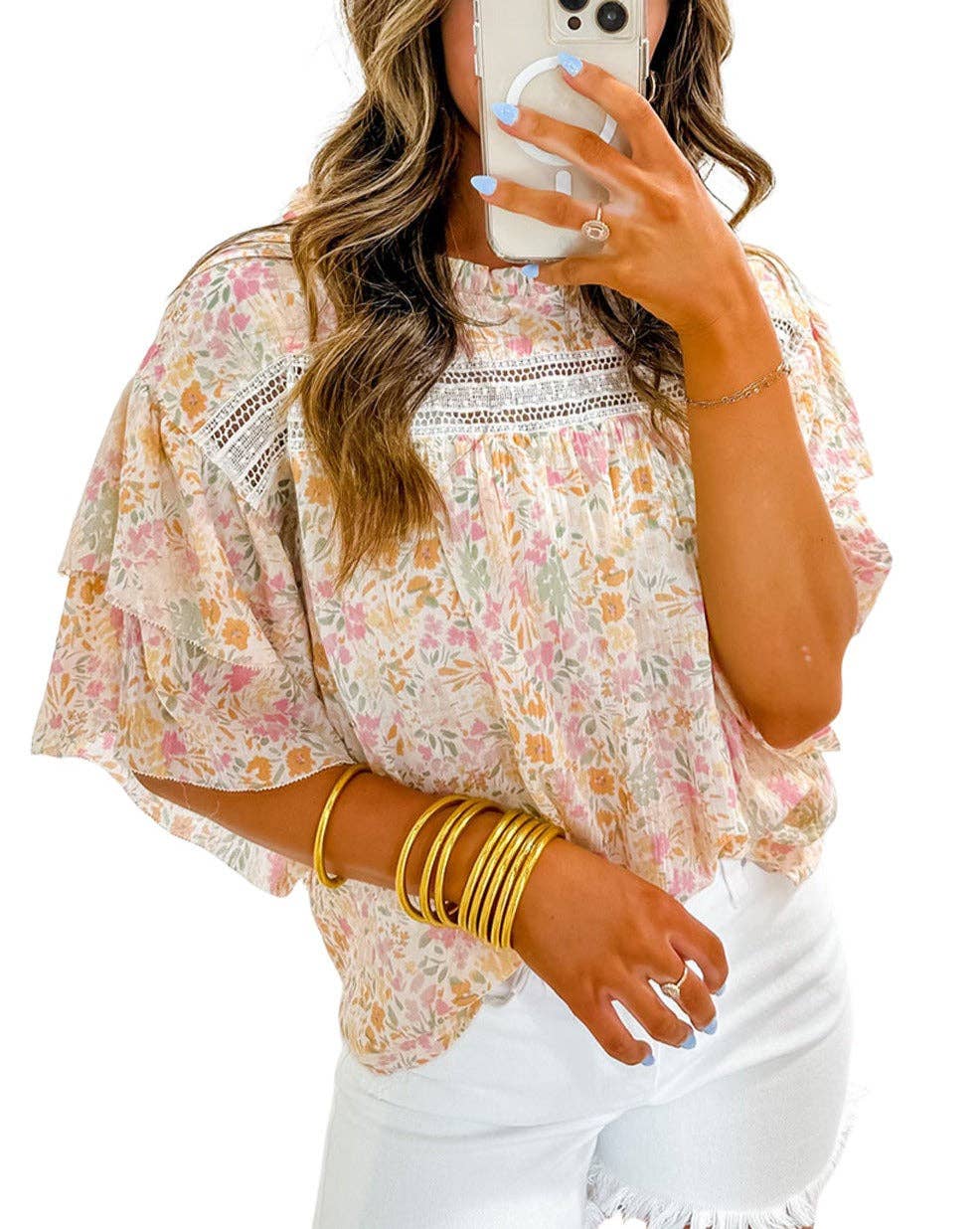 Floral Wide Ruffle Sleeve Blouse