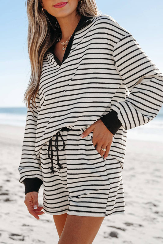 LDC Stripe Collared Long Sleeve Top Drawstring Shorts Set