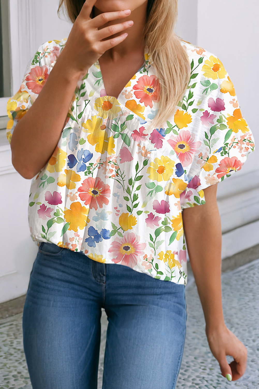 LDC Floral Boxy Fit Ruffled Short Sleeve V Neck Blouse