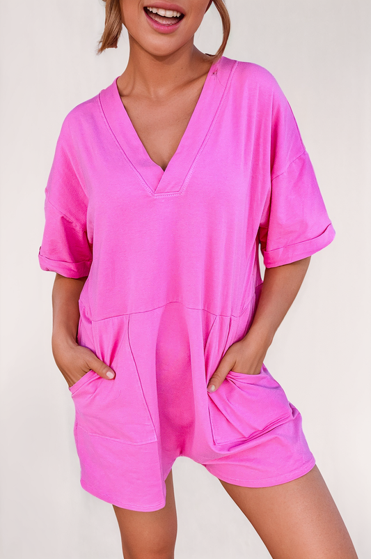Loose Half Sleeve V Neck Knit Romper