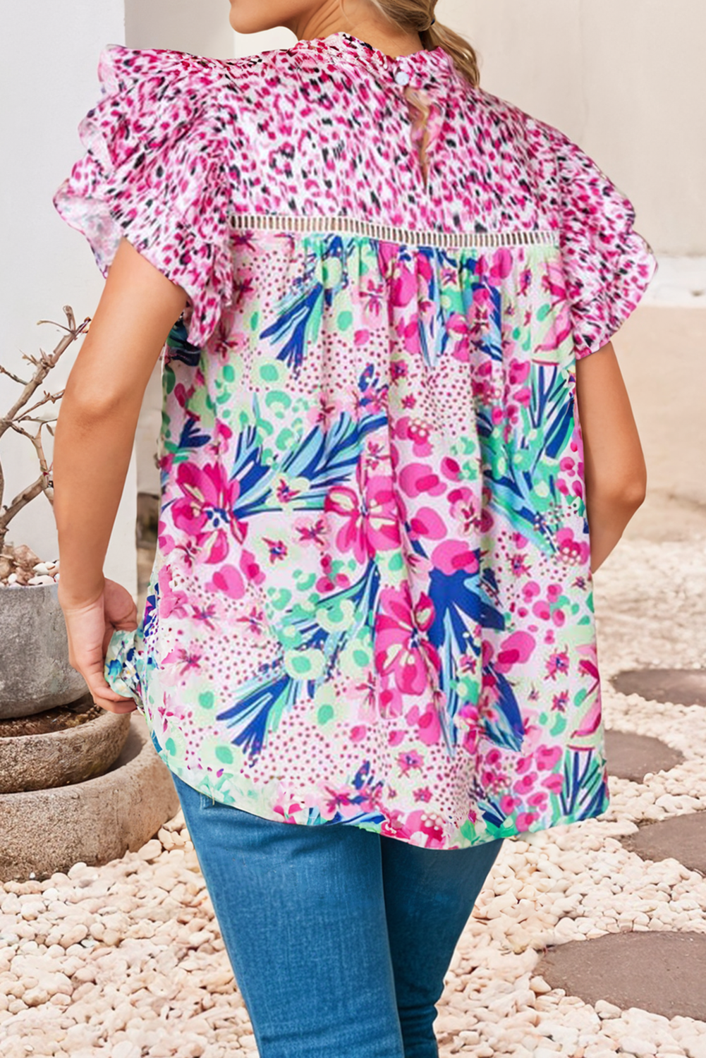 LDC Floral Mixed Print Ruffle Cap Sleeve Blouse