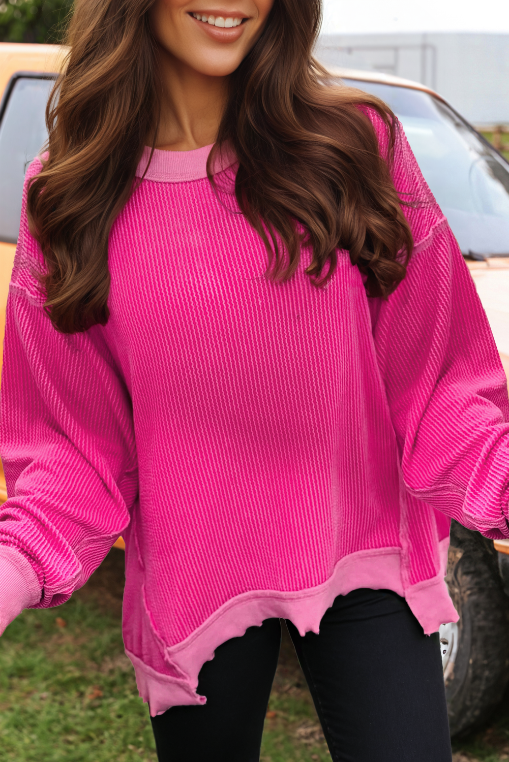 Fashion Twisted Rib Uneven Hem Drop Shoulder Loose Knit Top