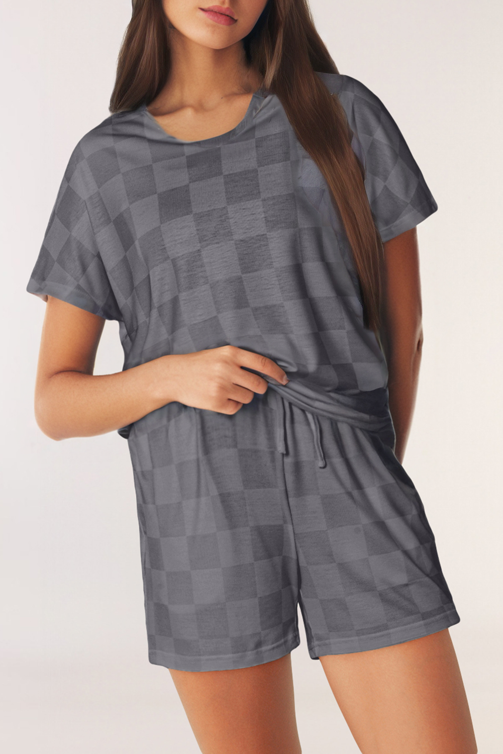 Checkered V Neck Tee and Drawstring Shorts Lounge Set