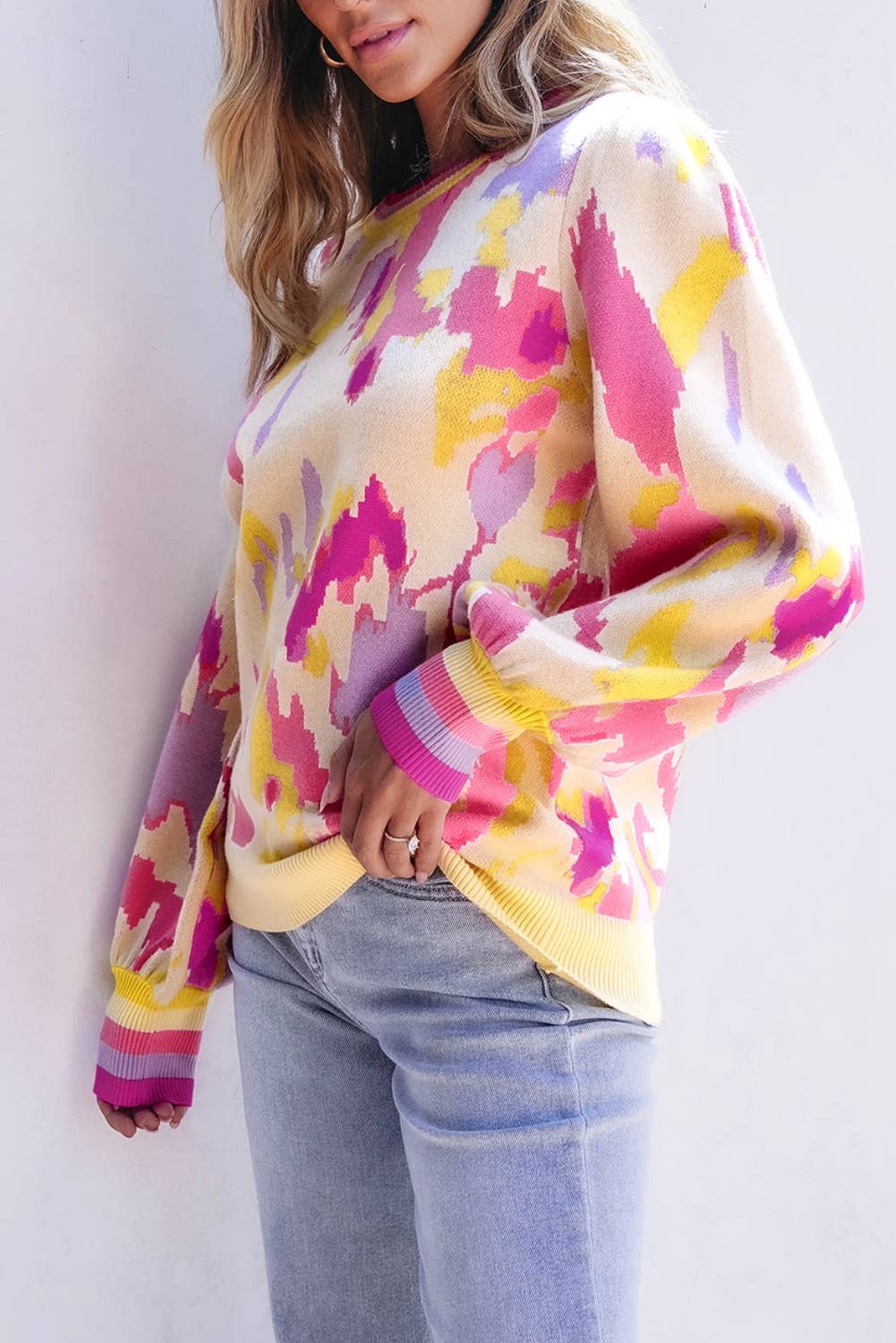 LDC Abstract Print Colorblock Balloon Sleeve Sweater