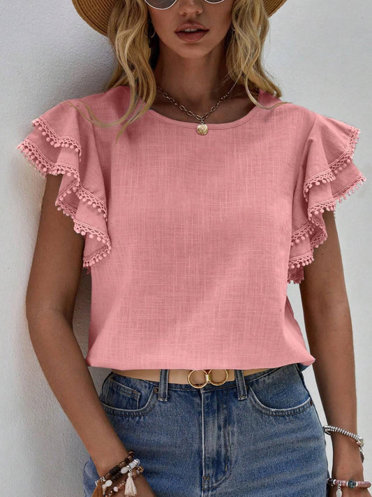 Round Neck Loose Ruffle Short Sleeved Top For Women