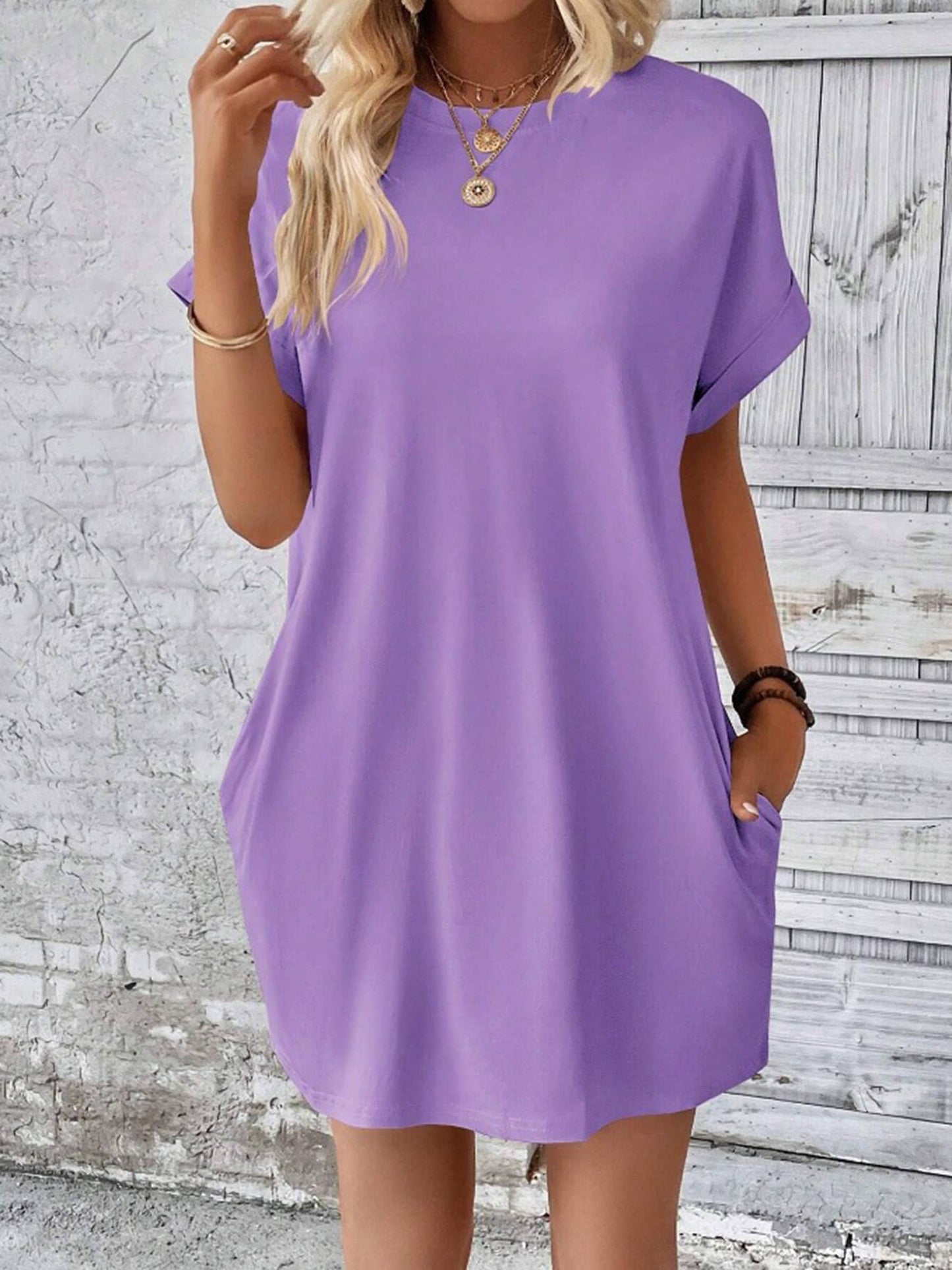 Round Neck Loose Short Sleeved Pocket Dress