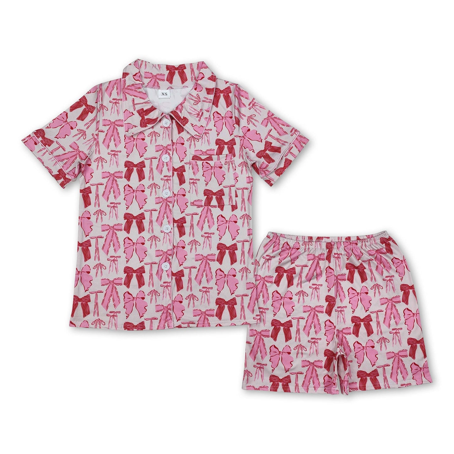 Short sleeves bow baby girls button down pajamas