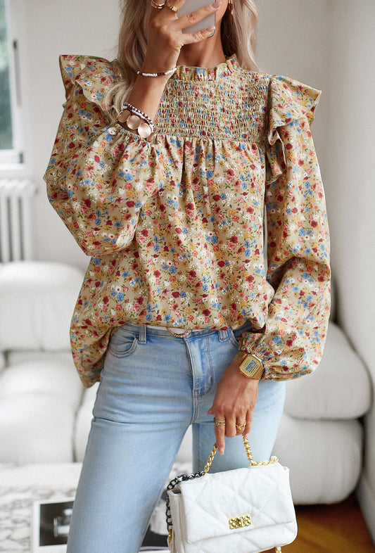 Women Blouses Mock Neck Ruffle Puff Sleeve