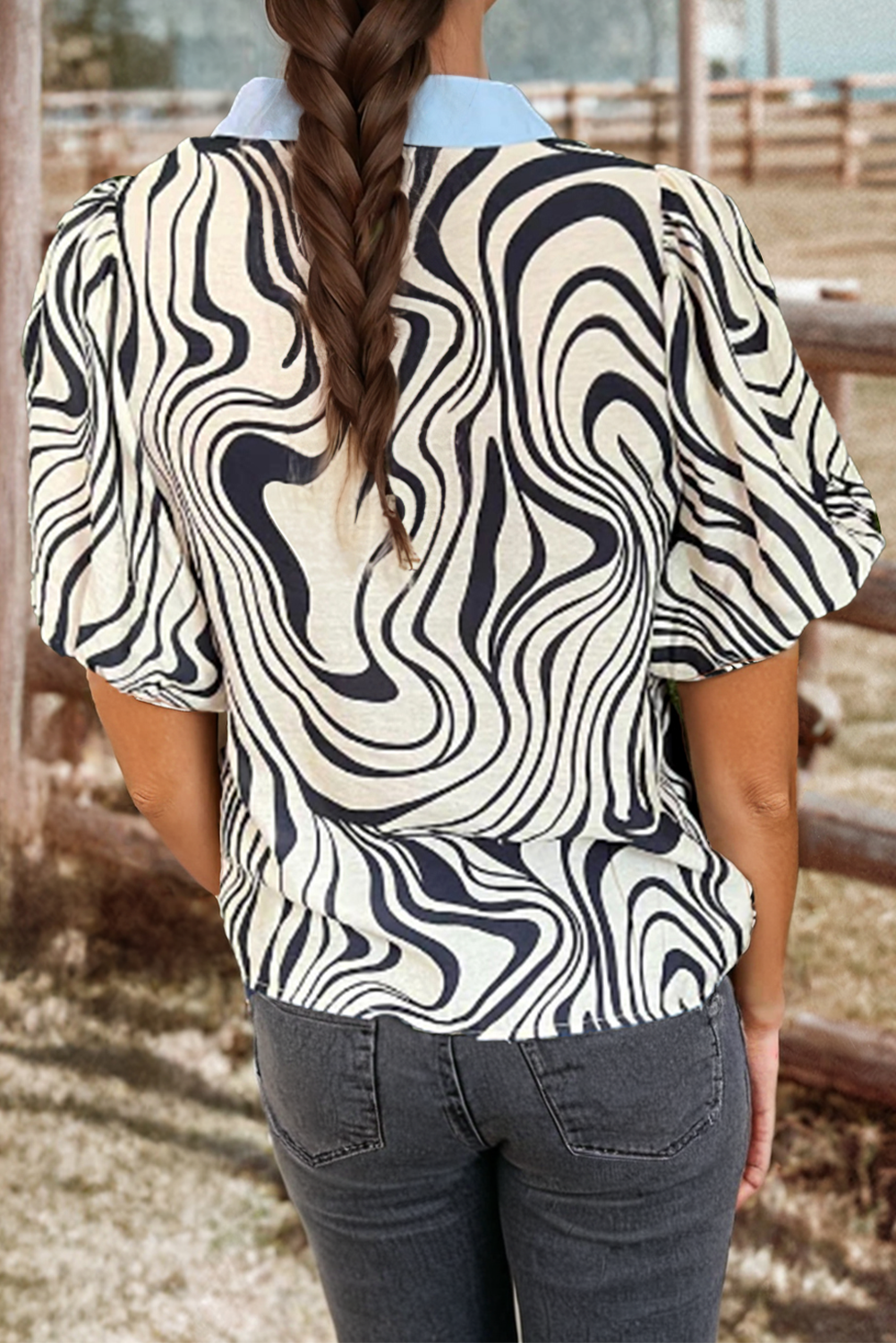 Zebra Stripe Contrast Ricrac Detail Short Sleeve Blouse