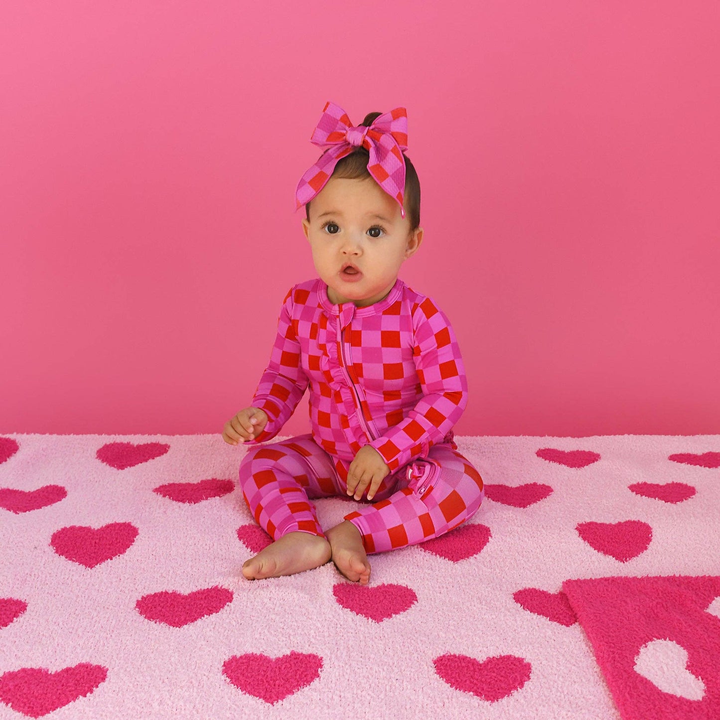 Sydney Pink Checks Ruffle Zip Bamboo Valentines Day