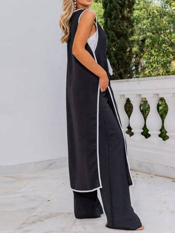 Loose Contrast Color Split-Side Tied Collarless Outerwear Top + High Waisted Pants Bottom Two Pieces Set