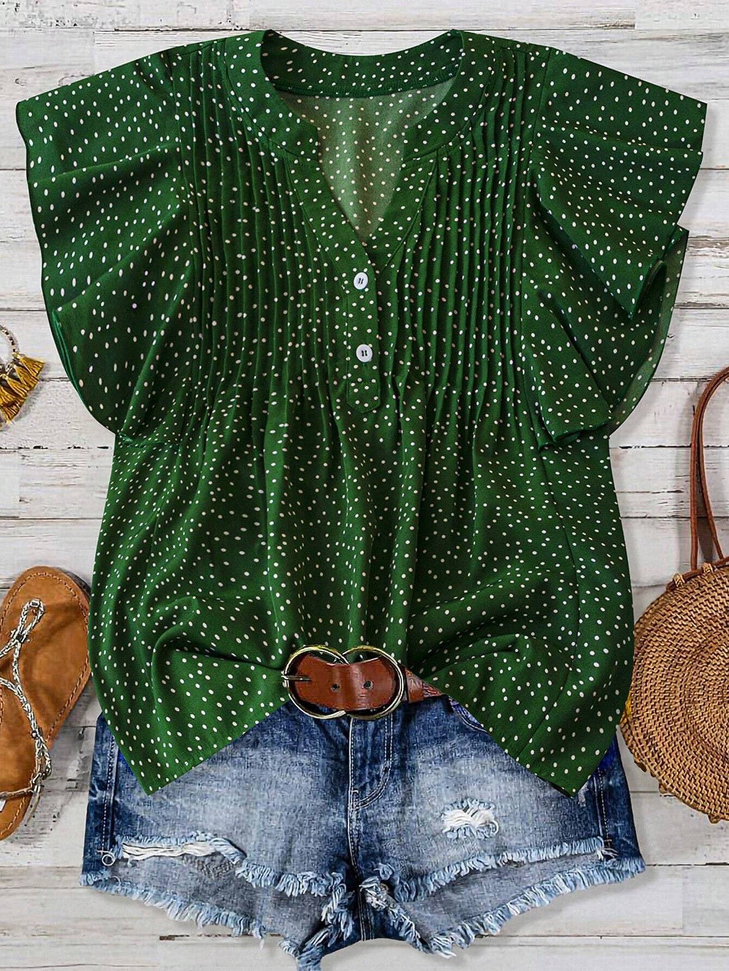 V-neck Button Pleated Top