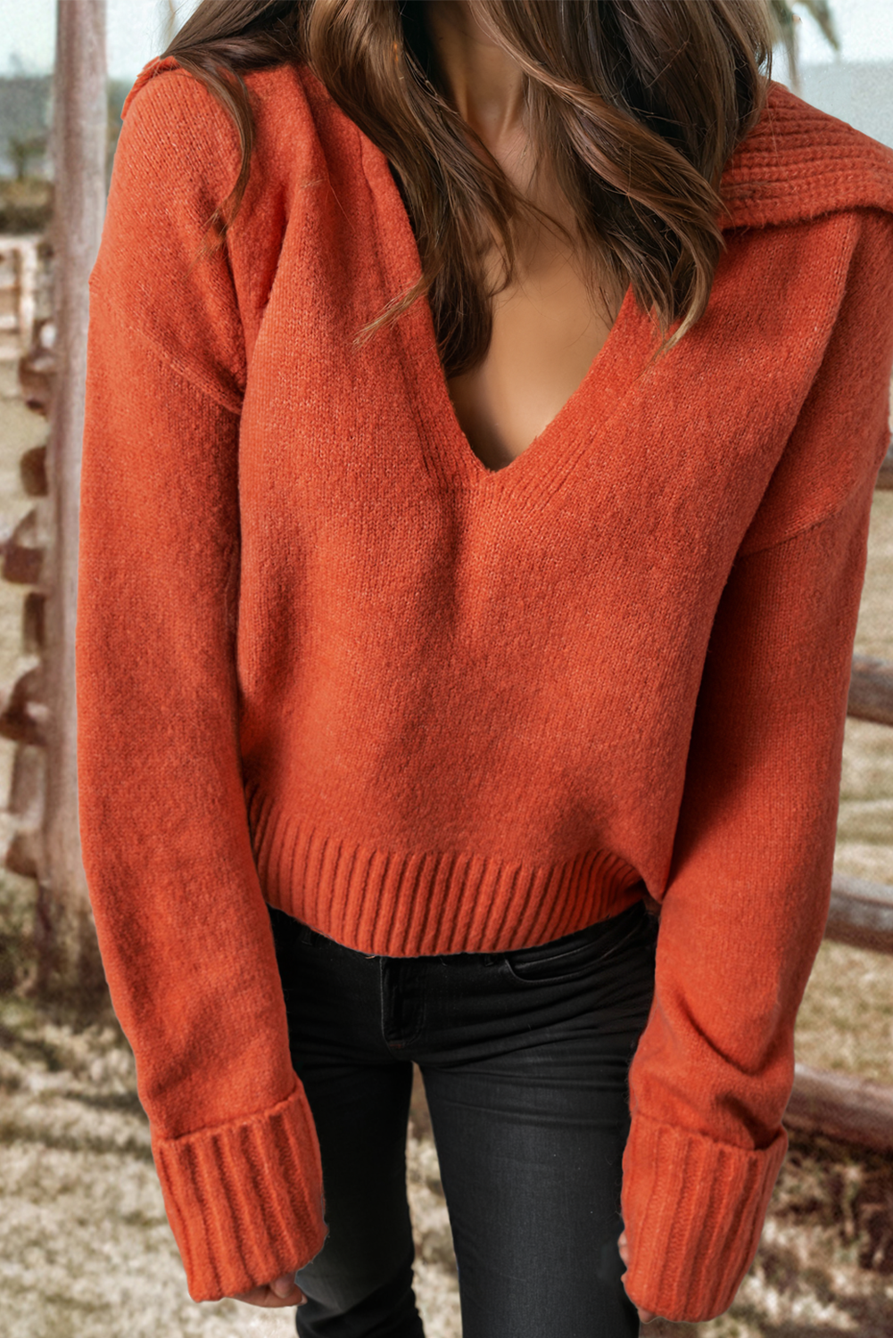 Fashion-W Collared V Neck Ribbed Edge Sexy Elegant Sweater