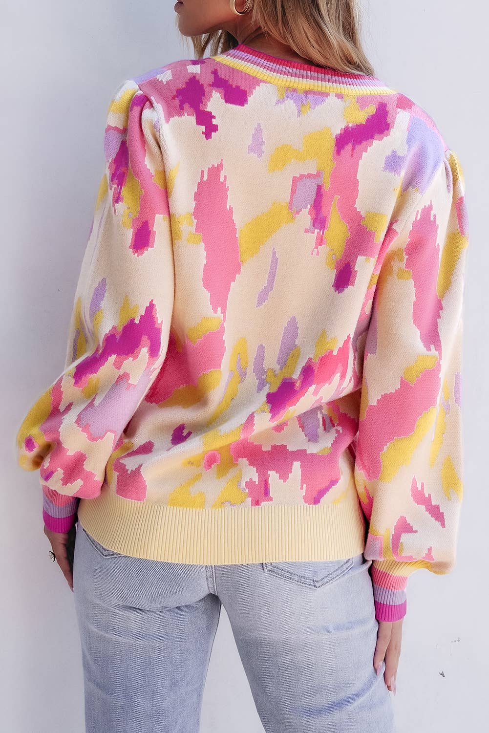 LDC Abstract Print Colorblock Balloon Sleeve Sweater