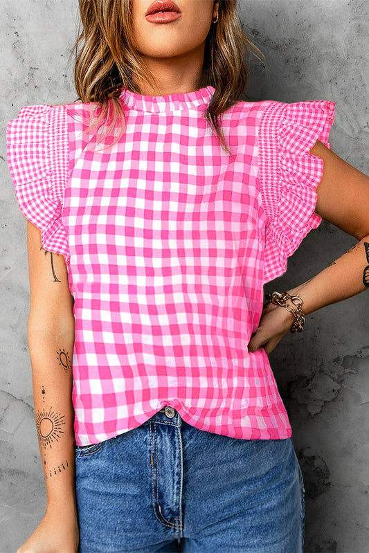 Gingham Plaid Ruffle Sleeve Blouse