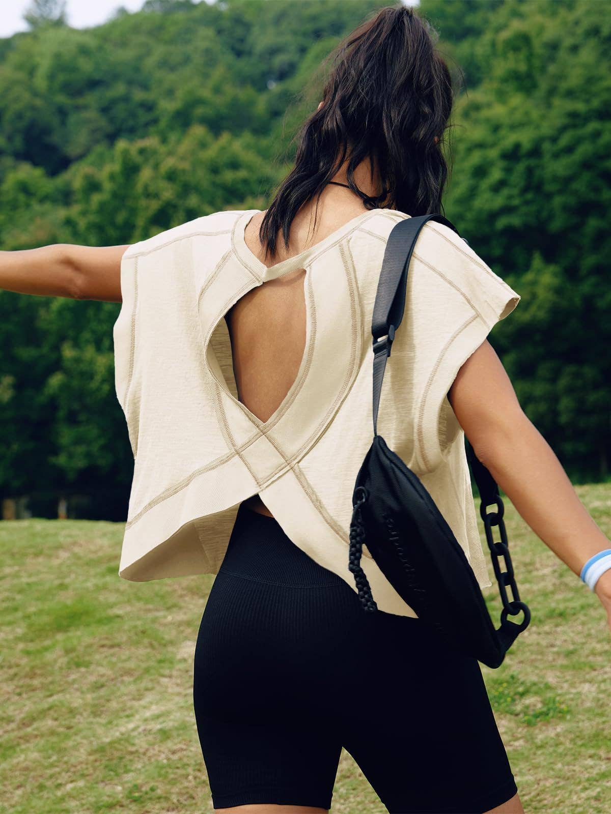 Slouchy wrapped cutout back short sleeve workout tee top